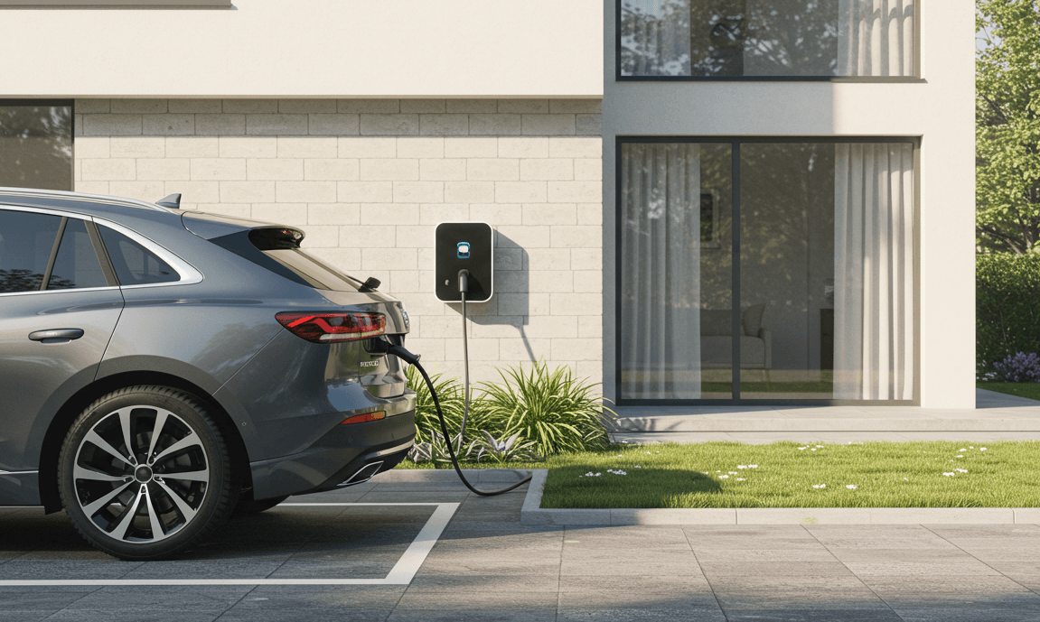 An electric vehicle plugged in to charger outside a home.