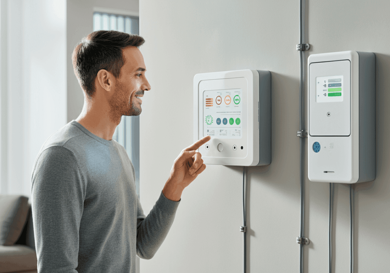 Man pointing at control boxes.