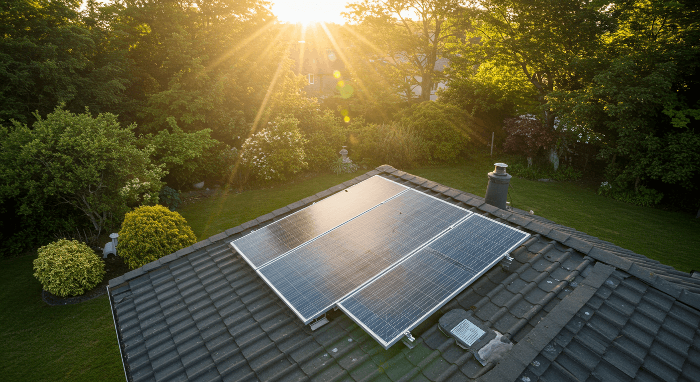 Solar panels on a roof, the house is surrounded by trees and the sun shining.